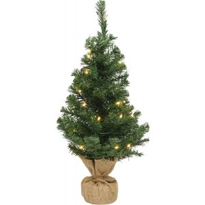 Kleine volle kerstboom in jute zak - 45 cm - met 10 Lampjes