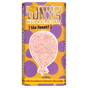 Tony's Chocolonely Witte Chocolade Framboos Biscuit Discodip Chocoladereep - Gefeliciteerd T is feest!