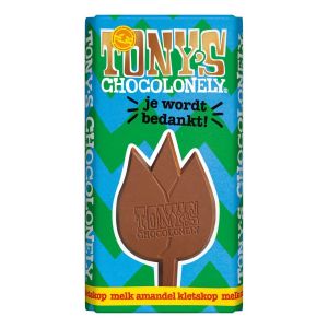 Tony's Chocolonely Melk Amandel Kletskop Chocoladereep "Je wordt Bedankt!"
